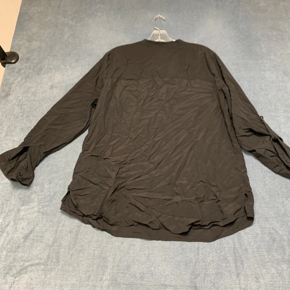 Michael Kors Blouse Top Womens 1X Black Pockets Roll Tab Sleeve Casual Pullover